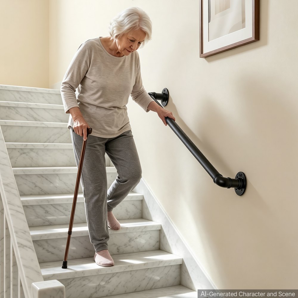 VEVOR Wall-Mounted Stair Handrail, 3 ft 440 lbs Load Black Metal Railing, for Indoor Steps, Loft, Porch & Hallways, Heavy-Duty Industrial Carbon Steel Hand Rail, Round Tube, with Mounting Hardware