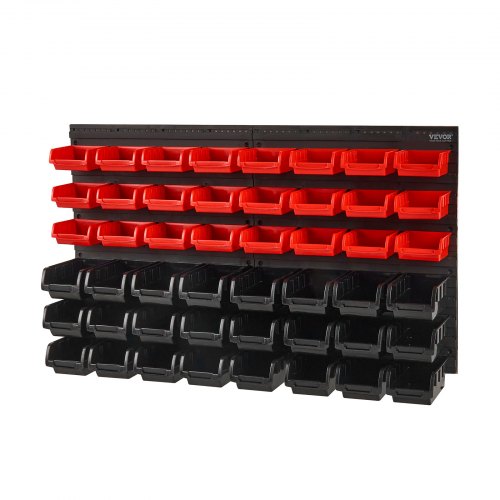 VEVOR Wall Mounted Storage Bins, 48-Bin Parts Rack Organizer Garage Plastic Shop Tool with Wall Panels, Tool Organizer for Nuts, Bolts, Screws, Nails, Beads, Buttons, Other Small Parts, Black and Red