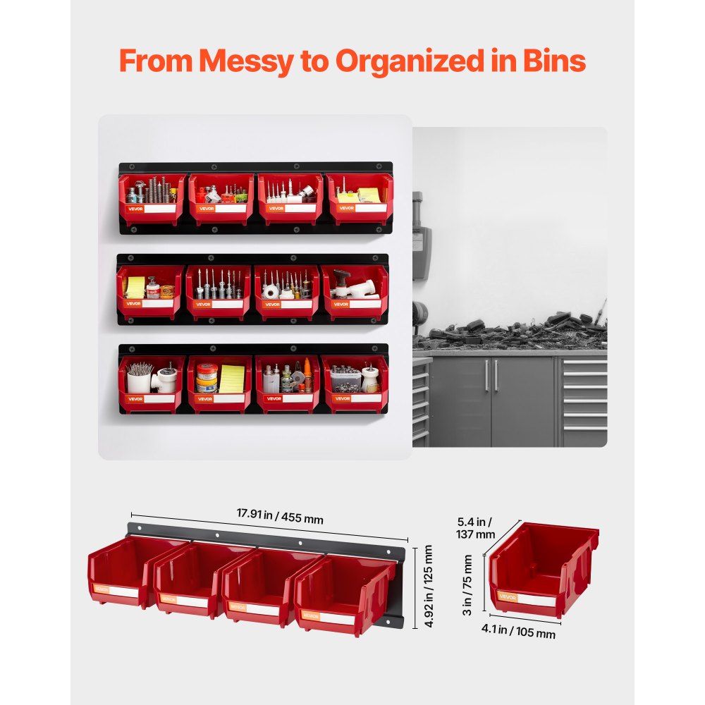 VEVOR Wall Mounted Storage Bins, 12 Plastic Bins & 3 Metal Rails, Plastic Hanging Stackable Storage Bin for Screws, Nuts, Bolts, Nails, Hardware Tool Organizer for Workshop, Craft Room, Garage, Red