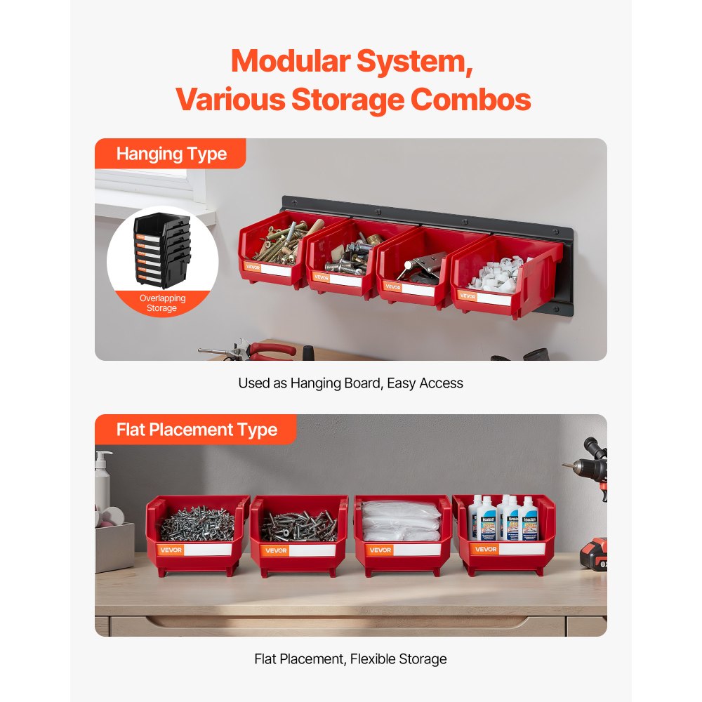 VEVOR Wall Mounted Storage Bins, 12 Plastic Bins & 3 Metal Rails, Plastic Hanging Stackable Storage Bin for Screws, Nuts, Bolts, Nails, Hardware Tool Organizer for Workshop, Craft Room, Garage, Red