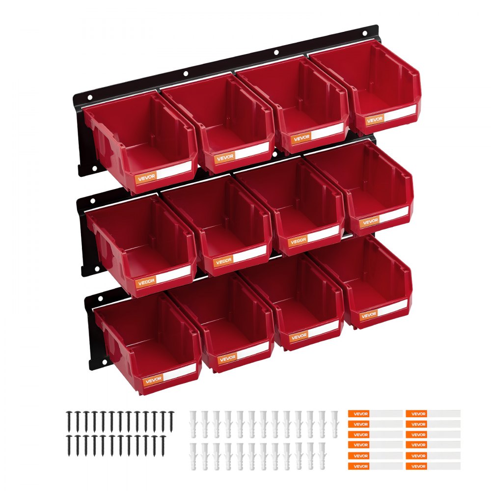 VEVOR Wall Mounted Storage Bins, 12 Plastic Bins & 3 Metal Rails, Plastic Hanging Stackable Storage Bin for Screws, Nuts, Bolts, Nails, Hardware Tool Organizer for Workshop, Craft Room, Garage, Red
