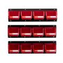 VEVOR Wall Mounted Storage Bins, 12 Plastic Bins & 3 Metal Rails, Plastic Hanging Stackable Storage Bin for Screws, Nuts, Bolts, Nails, Hardware Tool Organizer for Workshop, Craft Room, Garage, Red