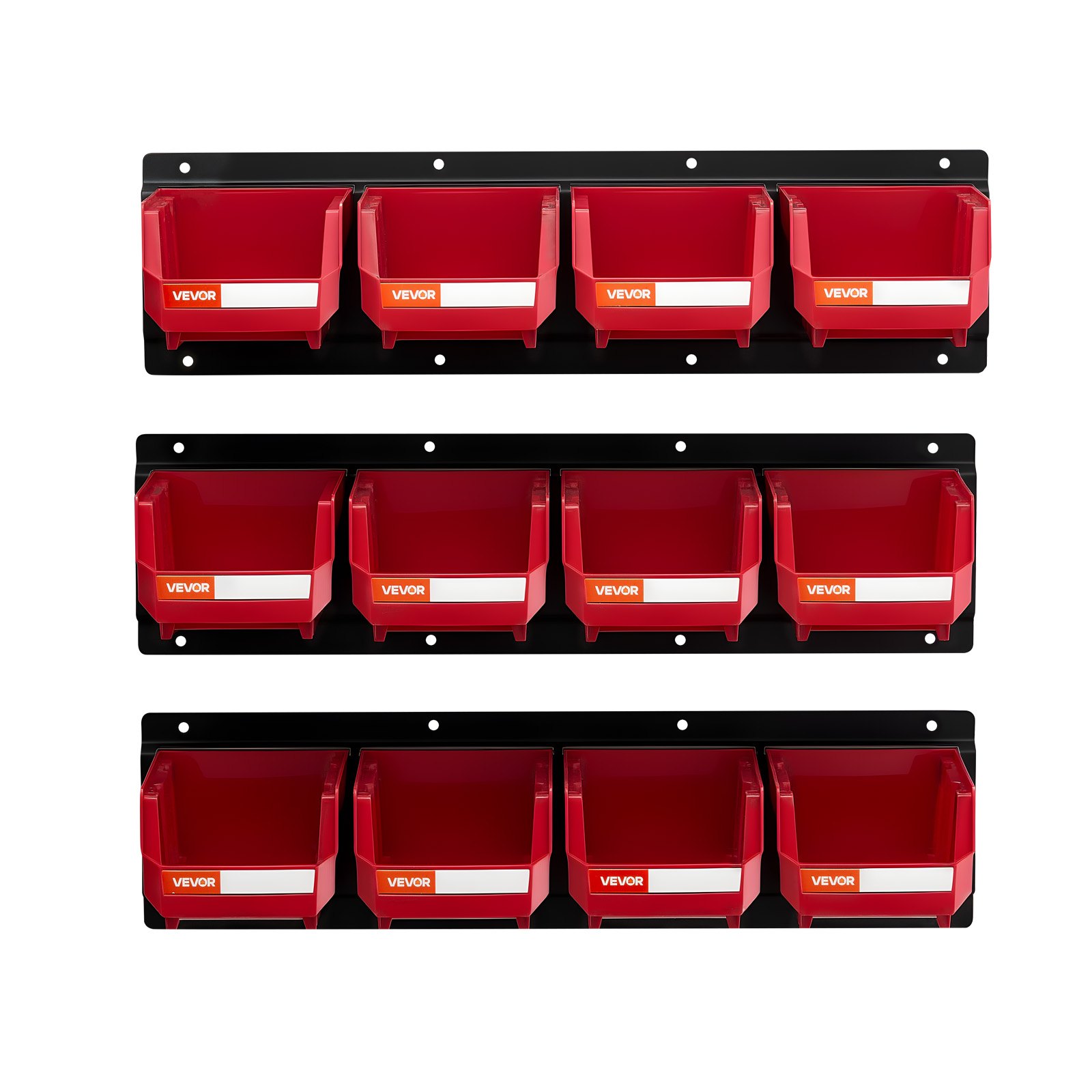 VEVOR Wall Mounted Storage Bins, 12 Plastic Bins & 3 Metal Rails, Plastic Hanging Stackable Storage Bin for Screws, Nuts, Bolts, Nails, Hardware Tool Organizer for Workshop, Craft Room, Garage, Red