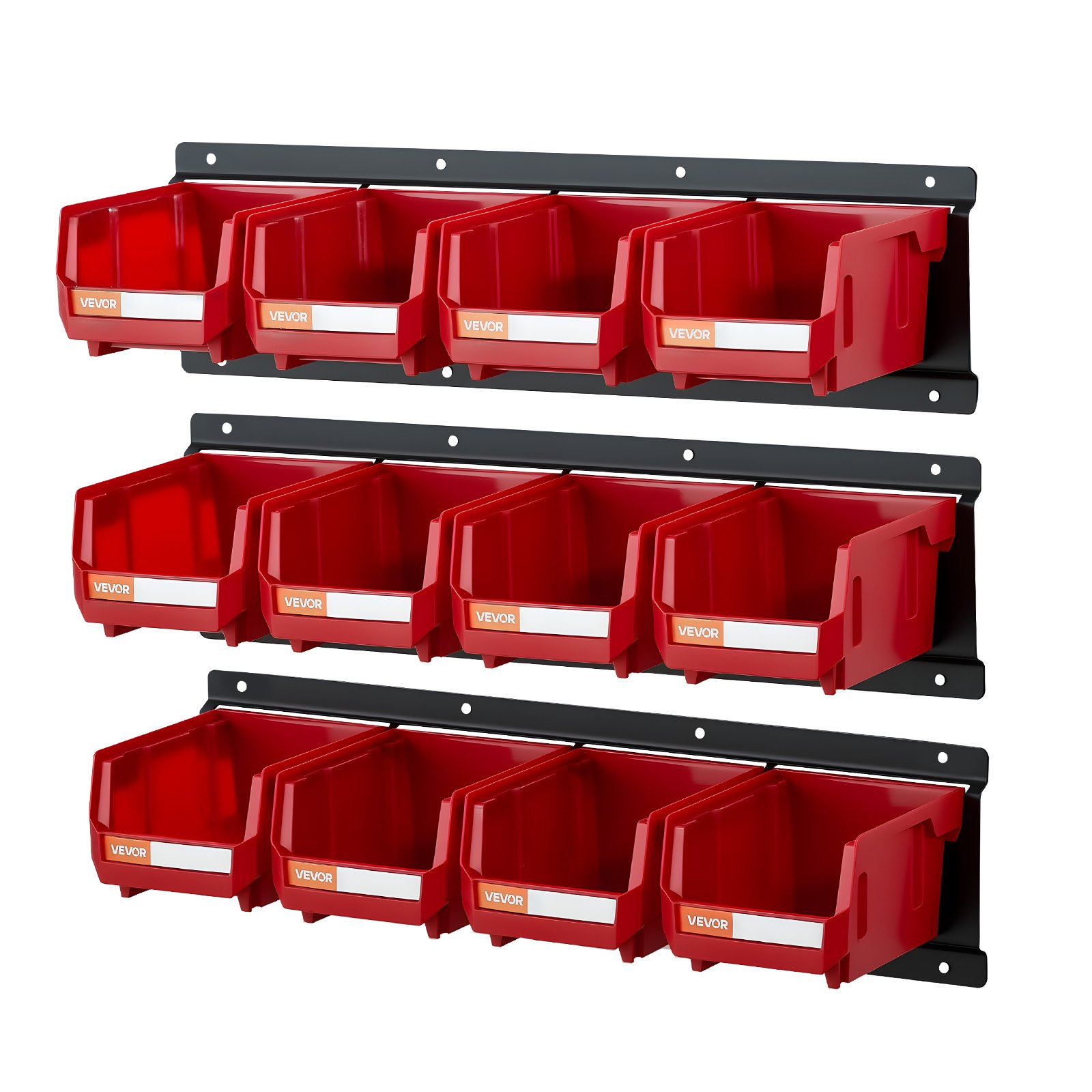 VEVOR Wall Mounted Storage Bins, 12 Plastic Bins & 3 Metal Rails, Plastic Hanging Stackable Storage Bin for Screws, Nuts, Bolts, Nails, Hardware Tool Organizer for Workshop, Craft Room, Garage, Red