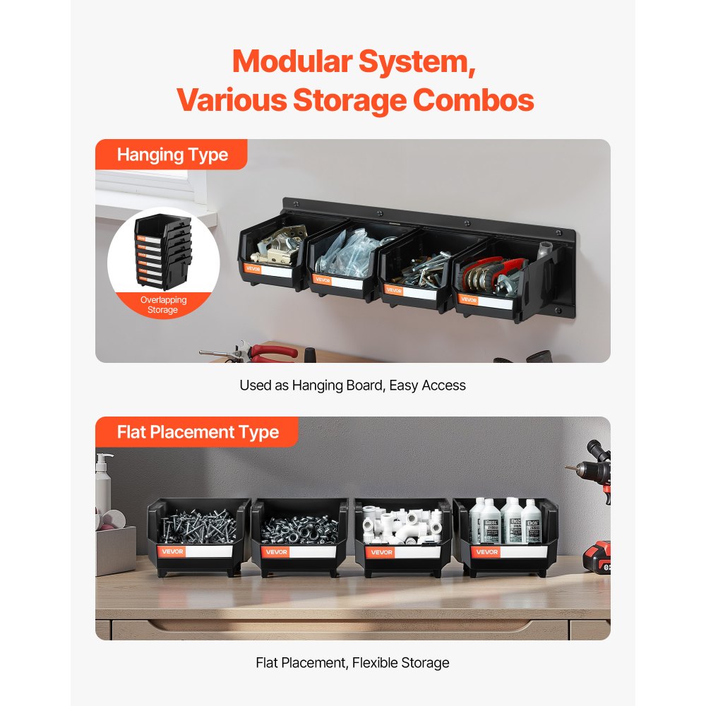 VEVOR Wall Mounted Storage Bins, 12 Plastic Bins & 3 Metal Rails, Plastic Hanging Stackable Storage Bin for Screws, Nuts, Bolts, Nails, Hardware Tool Organizer for Workshop, Craft Room, Garage, Black