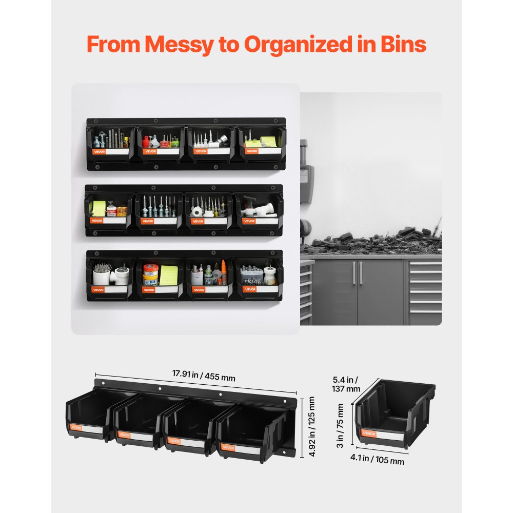 VEVOR Wall Mounted Storage Bins, 12 Plastic Bins & 3 Metal Rails, Plastic Hanging Stackable Storage Bin for Screws, Nuts, Bolts, Nails, Hardware Tool Organizer for Workshop, Craft Room, Garage, Black