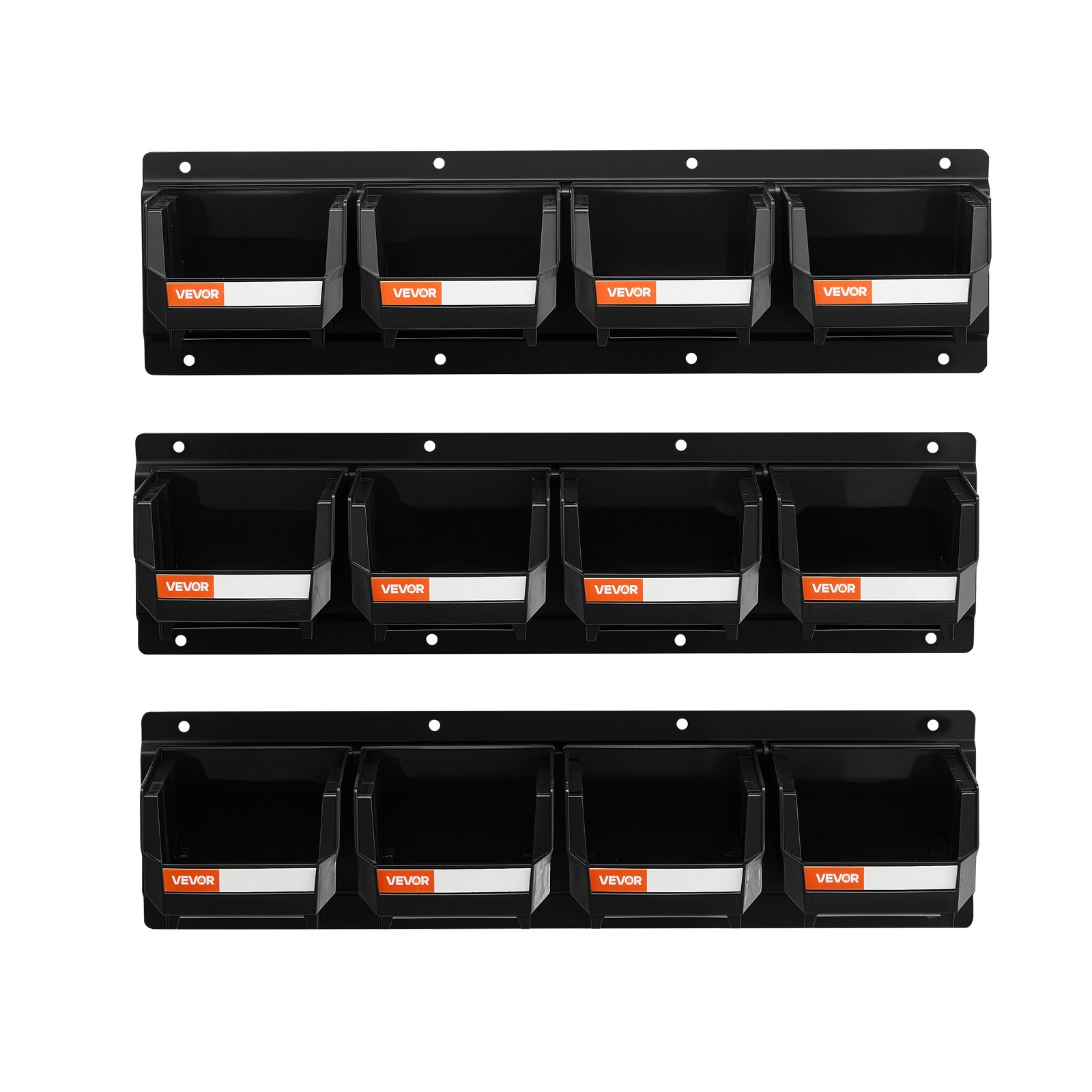 VEVOR Wall Mounted Storage Bins, 12 Plastic Bins & 3 Metal Rails, Plastic Hanging Stackable Storage Bin for Screws, Nuts, Bolts, Nails, Hardware Tool Organizer for Workshop, Craft Room, Garage, Black