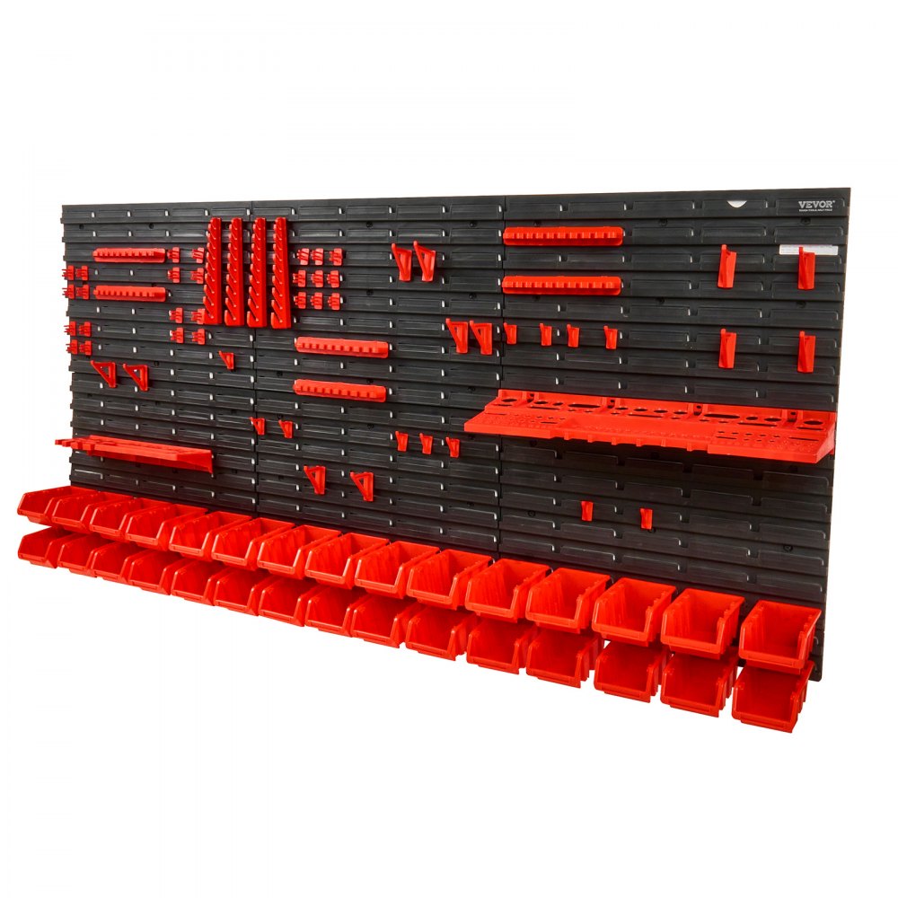 VEVOR Väggmonterade förvaringskärl, 30-fack för delar Rack Organizer Garage Plast Shop Tool med väggpaneler/verktygshållare/krokar, verktygsorganisator för muttrar, bultar, skruvar, spikar, pärlor, knappar, svart och röd