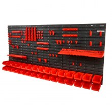 VEVOR Wall Mounted Storage Bins, 30-Bin Parts Rack Organizer Garage Plastic Shop Tool with Wall Panels/Tool Holders/Hooks, Tool Organizer for Nuts, Bolts, Screws, Nails, Beads, Buttons, Black and Red