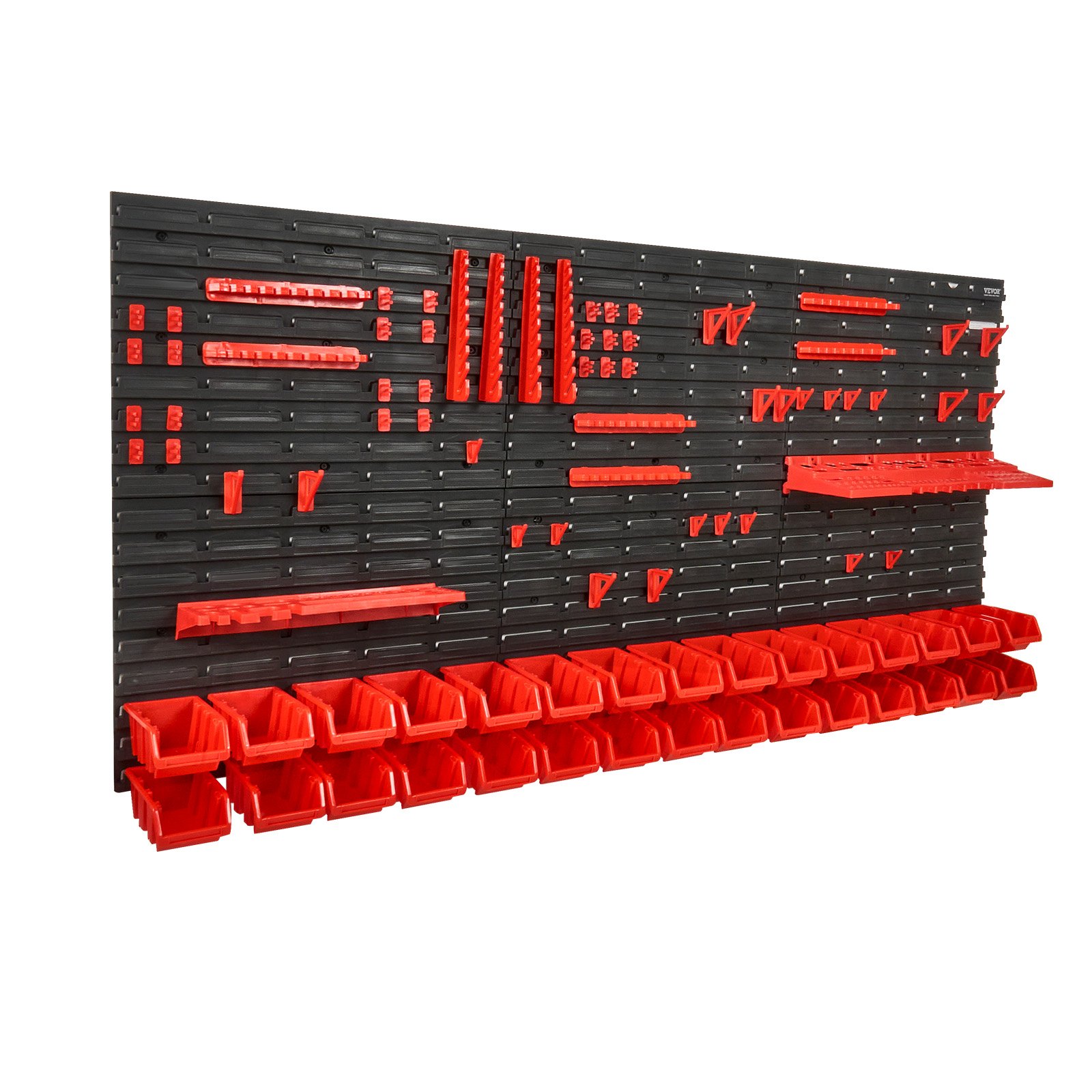 VEVOR Wall Mounted Storage Bins, 30-Bin Parts Rack Organizer Garage Plastic Shop Tool with Wall Panels/Tool Holders/Hooks, Tool Organizer for Nuts, Bolts, Screws, Nails, Beads, Buttons, Black and Red