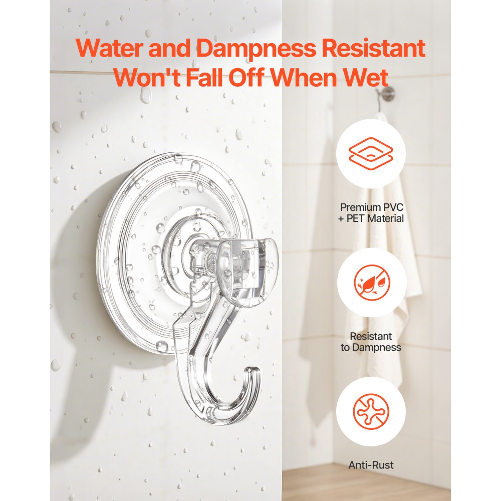 VEVOR Suction Cup Hooks 6 Pack, 2.76 x 3.54 x 1.57 inch, 10 LBS Max Load Clear Shower Suction Cups, Strong and Reusable Heavy Duty Wall Holder, for Loofah, Towel, Glass, Window, Kitchen, Bathroom