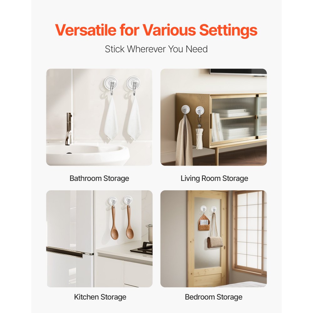 VEVOR Suction Cup Hooks 6 Pack, 2.76 x 3.54 x 1.57 inch, 10 LBS Max Load Clear Shower Suction Cups, Strong and Reusable Heavy Duty Wall Holder, for Loofah, Towel, Glass, Window, Kitchen, Bathroom
