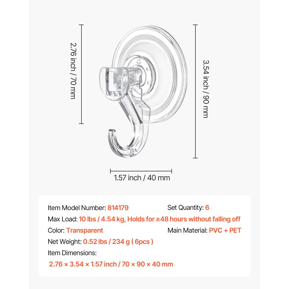 VEVOR Suction Cup Hooks 6 Pack, 2.76 x 3.54 x 1.57 inch, 10 LBS Max Load Clear Shower Suction Cups, Strong and Reusable Heavy Duty Wall Holder, for Loofah, Towel, Glass, Window, Kitchen, Bathroom