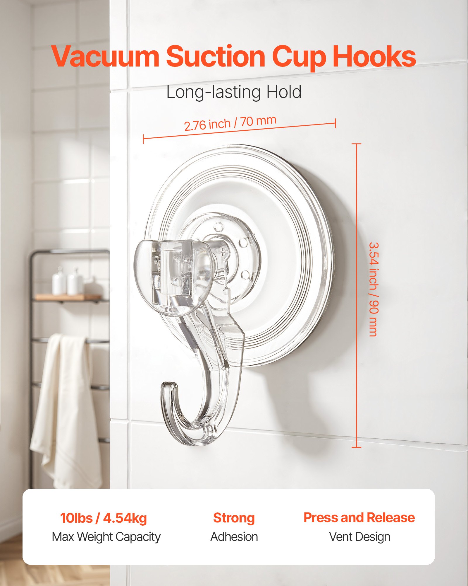 VEVOR Suction Cup Hooks 6 Pack, 2.76 x 3.54 x 1.57 inch, 10 LBS Max Load Clear Shower Suction Cups, Strong and Reusable Heavy Duty Wall Holder, for Loofah, Towel, Glass, Window, Kitchen, Bathroom