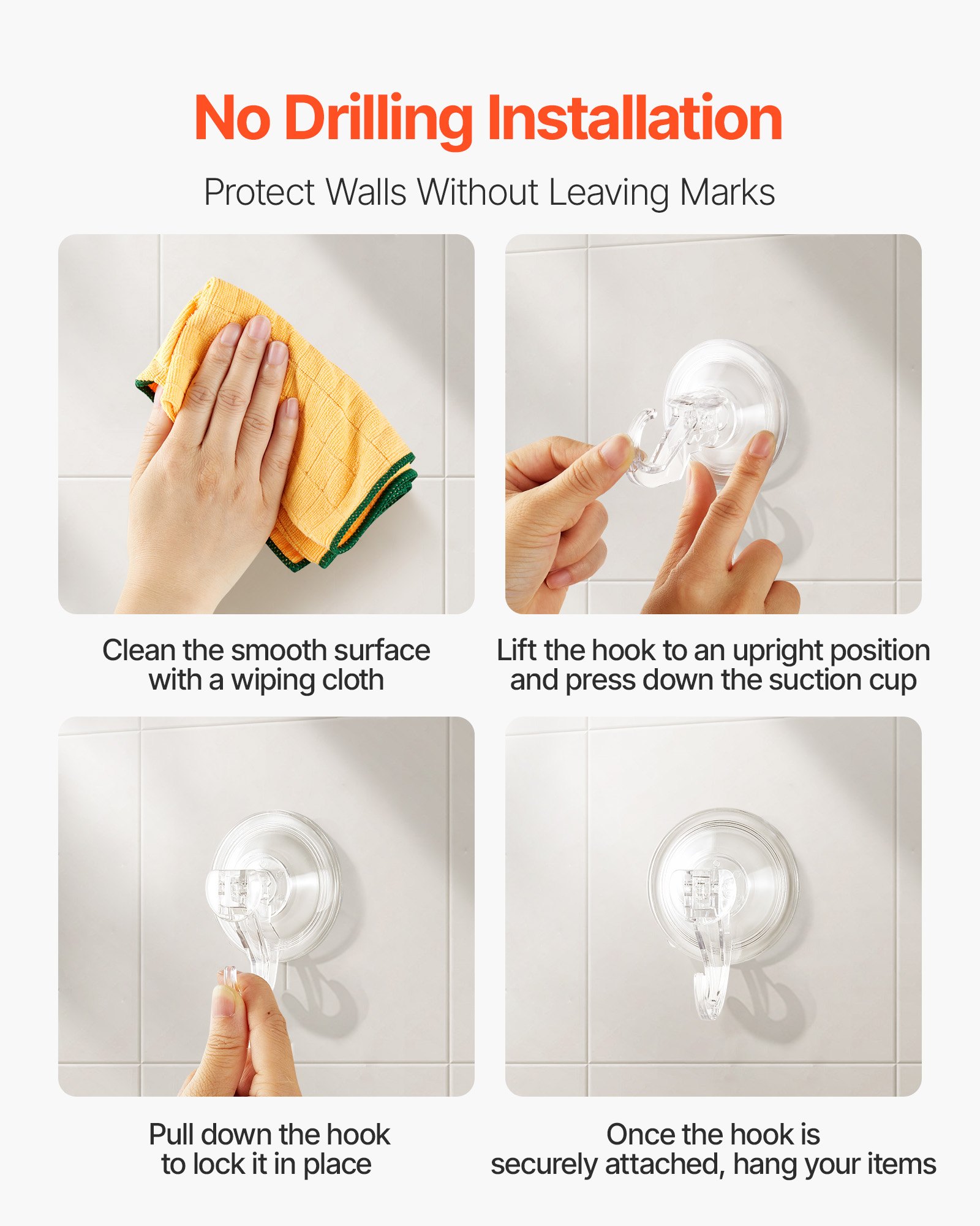 VEVOR Suction Cup Hooks 6 Pack, 2.76 x 3.54 x 1.57 inch, 10 LBS Max Load Clear Shower Suction Cups, Strong and Reusable Heavy Duty Wall Holder, for Loofah, Towel, Glass, Window, Kitchen, Bathroom