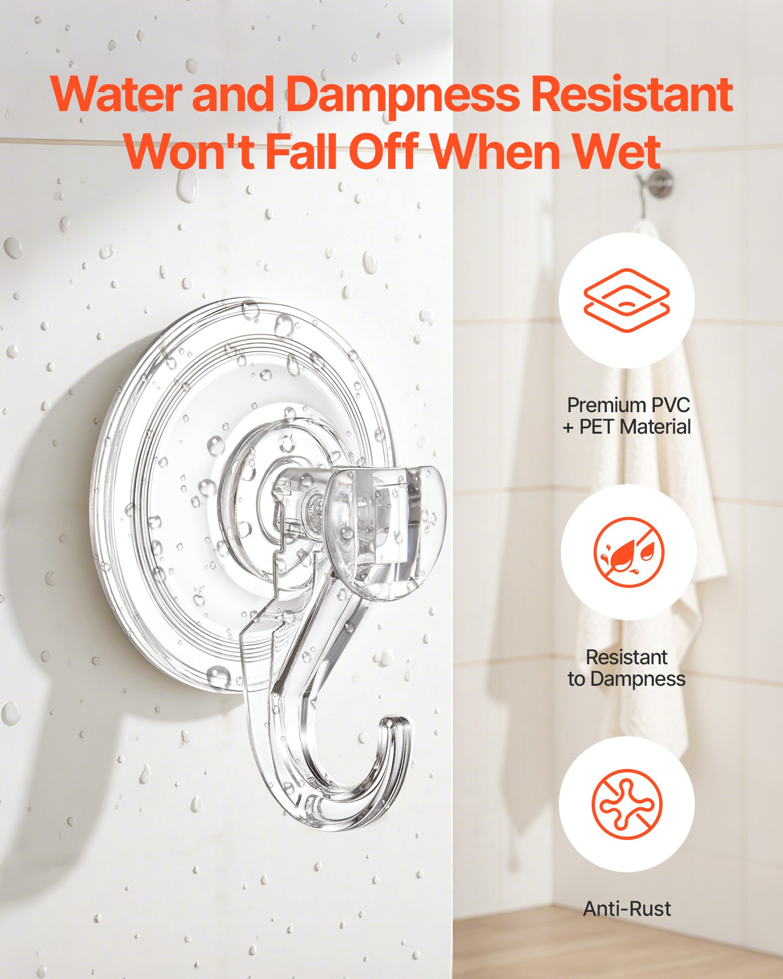 VEVOR Suction Cup Hooks 6 Pack, 2.76 x 3.54 x 1.57 inch, 10 LBS Max Load Clear Shower Suction Cups, Strong and Reusable Heavy Duty Wall Holder, for Loofah, Towel, Glass, Window, Kitchen, Bathroom