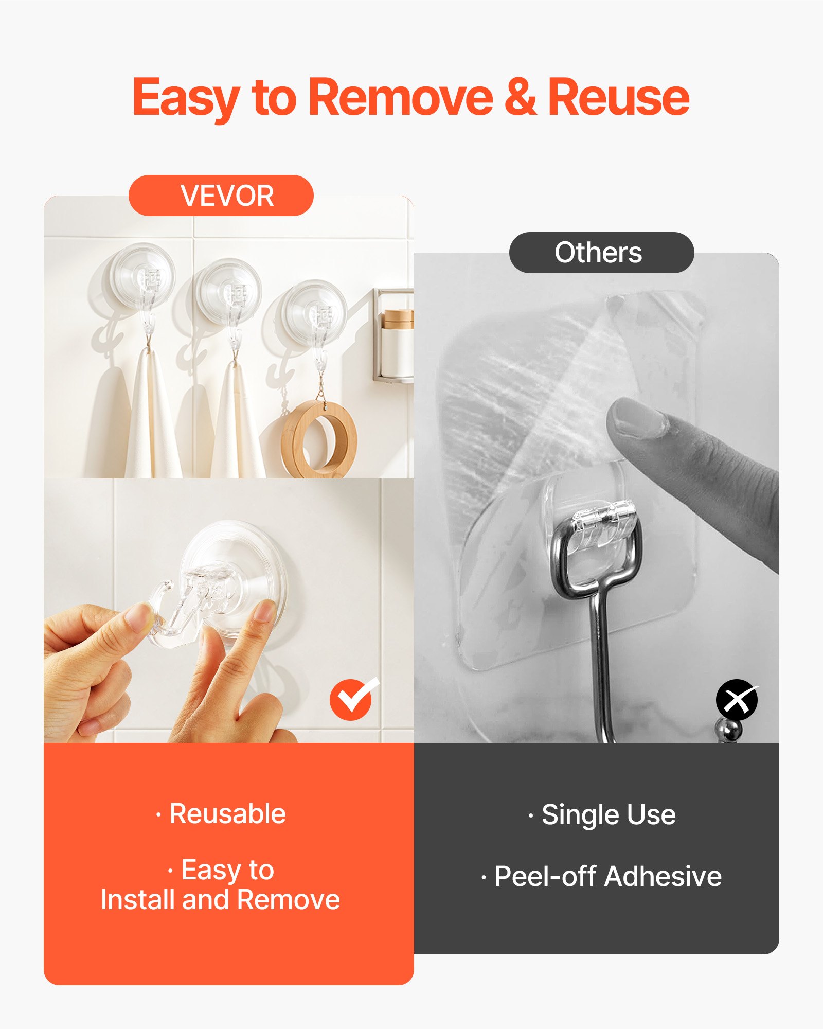VEVOR Suction Cup Hooks 6 Pack, 2.76 x 3.54 x 1.57 inch, 10 LBS Max Load Clear Shower Suction Cups, Strong and Reusable Heavy Duty Wall Holder, for Loofah, Towel, Glass, Window, Kitchen, Bathroom