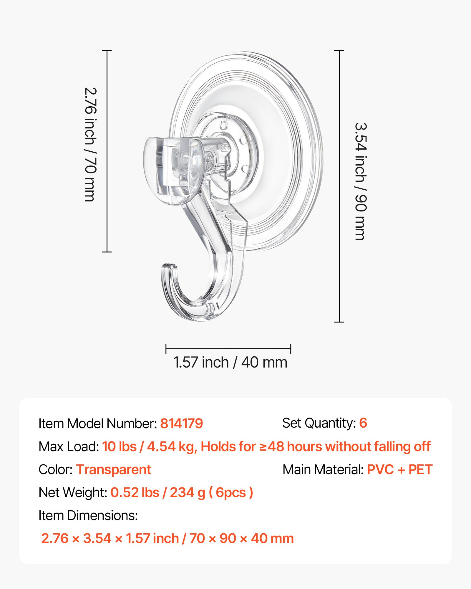 VEVOR Suction Cup Hooks 6 Pack, 2.76 x 3.54 x 1.57 inch, 10 LBS Max Load Clear Shower Suction Cups, Strong and Reusable Heavy Duty Wall Holder, for Loofah, Towel, Glass, Window, Kitchen, Bathroom