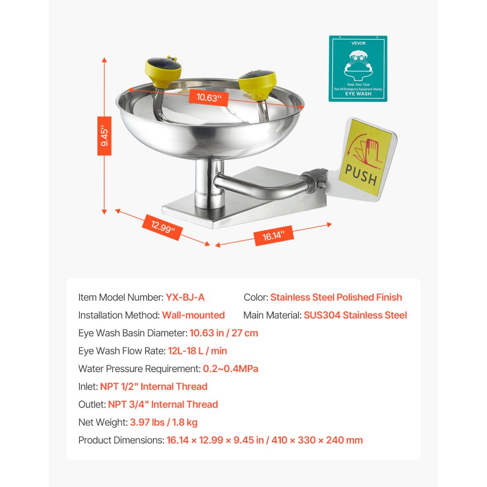 VEVOR Emergency Eye Wash Station, Stainless Steel Wall-Mounted Eyewash Unit, First Aid Eye Wash Sink 16.14 x 12.99 x 9.45 Inches, Ideal for Laboratories, Factories, Schools, Construction Sites