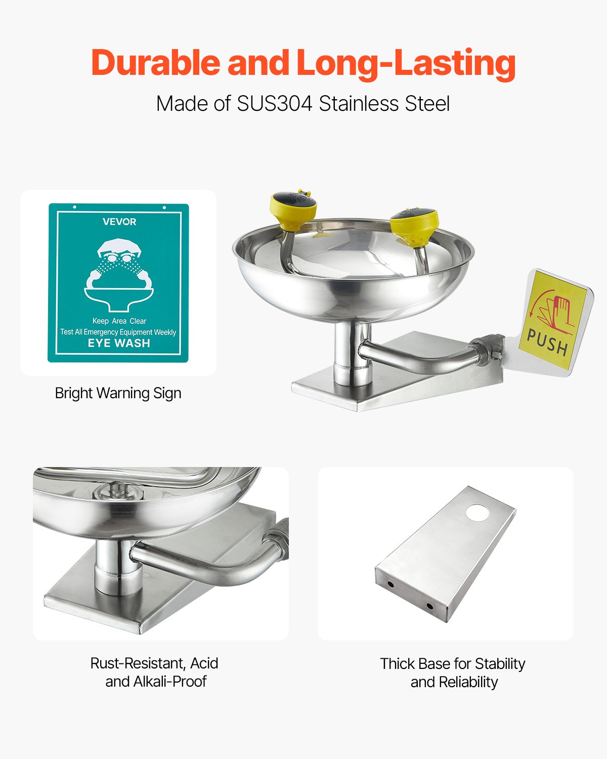 VEVOR Emergency Eye Wash Station, Stainless Steel Wall-Mounted Eyewash Unit, First Aid Eye Wash Sink 16.14 x 12.99 x 9.45 Inches, Ideal for Laboratories, Factories, Schools, Construction Sites