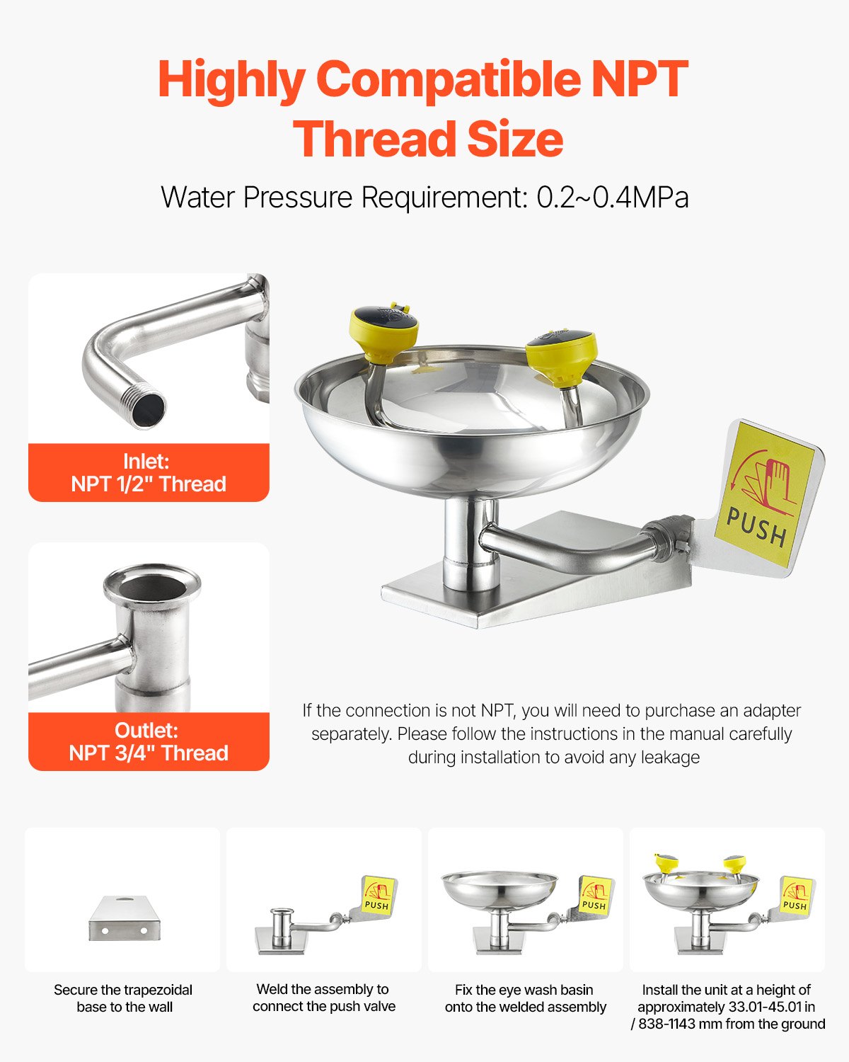 VEVOR Emergency Eye Wash Station, Stainless Steel Wall-Mounted Eyewash Unit, First Aid Eye Wash Sink 16.14 x 12.99 x 9.45 Inches, Ideal for Laboratories, Factories, Schools, Construction Sites