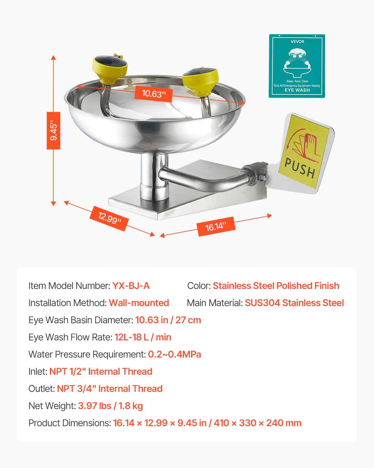 VEVOR Emergency Eye Wash Station, Stainless Steel Wall-Mounted Eyewash Unit, First Aid Eye Wash Sink 16.14 x 12.99 x 9.45 Inches, Ideal for Laboratories, Factories, Schools, Construction Sites