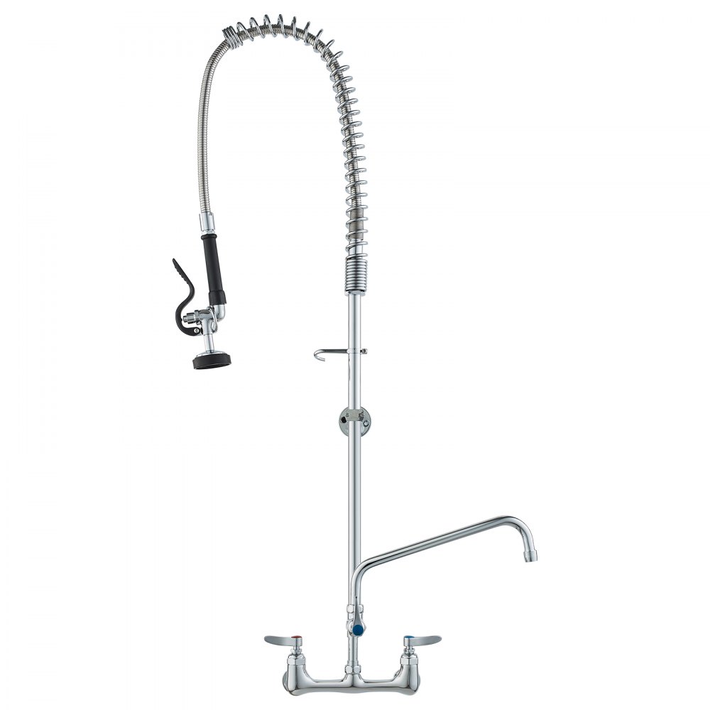 VEVOR commercial faucet with sprayer and dual handles for hot and cold water control.