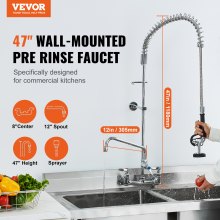 VEVOR Commercial Faucet with Pre-Rinse Sprayer, 47" Height, 8" Center, 12" Swing Spout, Wall Mount Kitchen Sink Faucet, Brass Constructed Device with Pull Down Spray, for 1/2/3 Compartment Sink