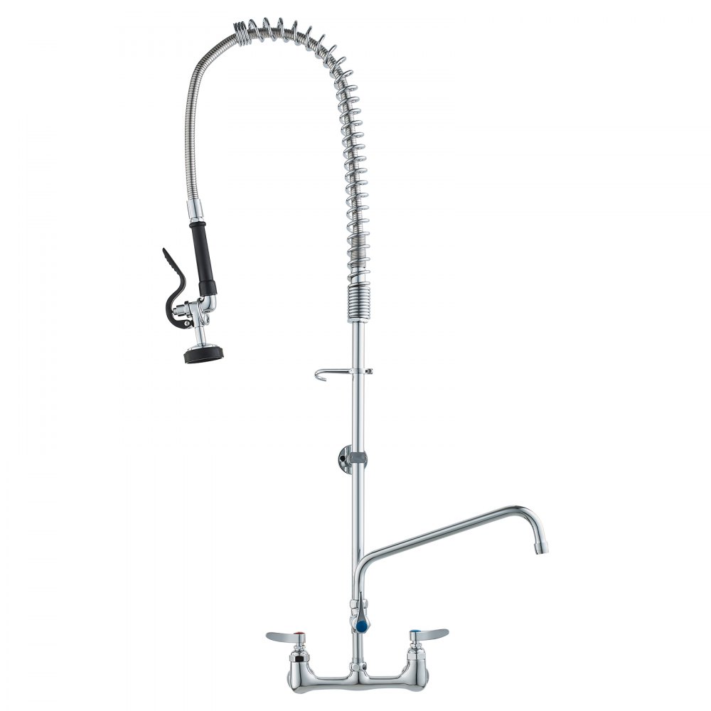 VEVOR Industrial Sink Faucet, 44" Tall, 8" Apart, 12" Rotating Spout, Wall Mounted, Brass Made with Extendable Sprayer, Fits Single/Triple Sinks