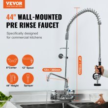 VEVOR Commercial Faucet with Pre-Rinse Sprayer, 44" Height, 8" Center, 12" Swing Spout, Wall Mount Kitchen Sink Faucet, Brass Constructed Device with Pull Down Spray, for 1/2/3 Compartment Sink