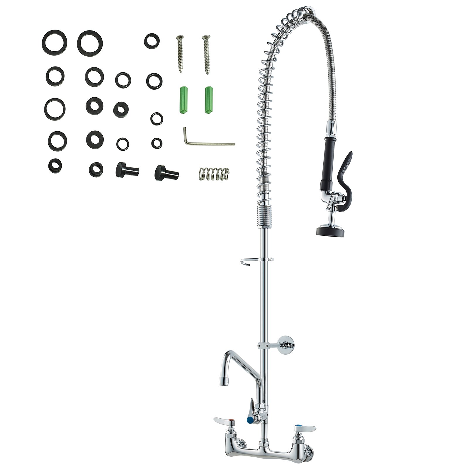 VEVOR Industrial Sink Faucet, 44" Tall, 8" Apart, 12" Rotating Spout, Wall Mounted, Brass Made with Extendable Sprayer, Fits Single/Triple Sinks