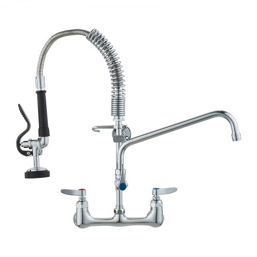 VEVOR Commercial Faucet with Pre-Rinse Sprayer, 21" Height, 8" Center, 12" Swing Spout, Wall Mount Kitchen Sink Faucet, Brass Constructed Device with Pull Down Spray, for 1/2/3 Compartment Sink