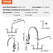 VEVOR Commercial Faucet with Pre-Rinse Sprayer, 21" Height, 8" Center, 12" Swing Spout, Wall Mount Kitchen Sink Faucet, Brass Constructed Device with Pull Down Spray, for 1/2/3 Compartment Sink