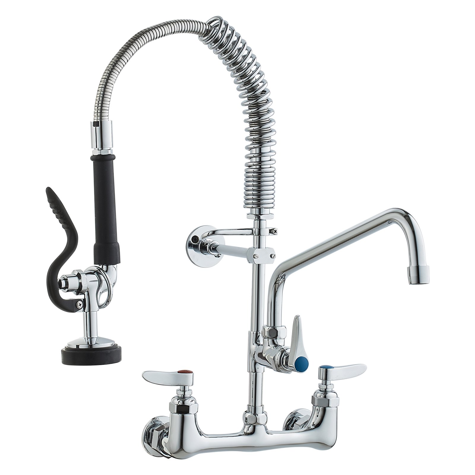VEVOR Commercial Faucet with Pre-Rinse Sprayer, 21" Height, 8" Center, 12" Swing Spout, Wall Mount Kitchen Sink Faucet, Brass Constructed Device with Pull Down Spray, for 1/2/3 Compartment Sink