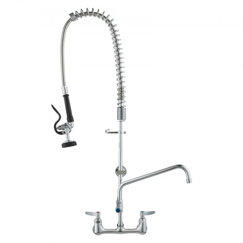 VEVOR Commercial Faucet with Pre-Rinse Sprayer, 36" Height, 8" Center, 12" Swing Spout, Wall Mount Kitchen Sink Faucet, Brass Constructed Device with Pull Down Spray, for 1/2/3 Compartment Sink