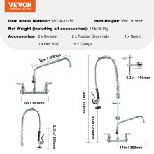 VEVOR Commercial Faucet with Pre-Rinse Sprayer, 36" Height, 8" Center, 12" Swing Spout, Wall Mount Kitchen Sink Faucet, Brass Constructed Device with Pull Down Spray, for 1/2/3 Compartment Sink