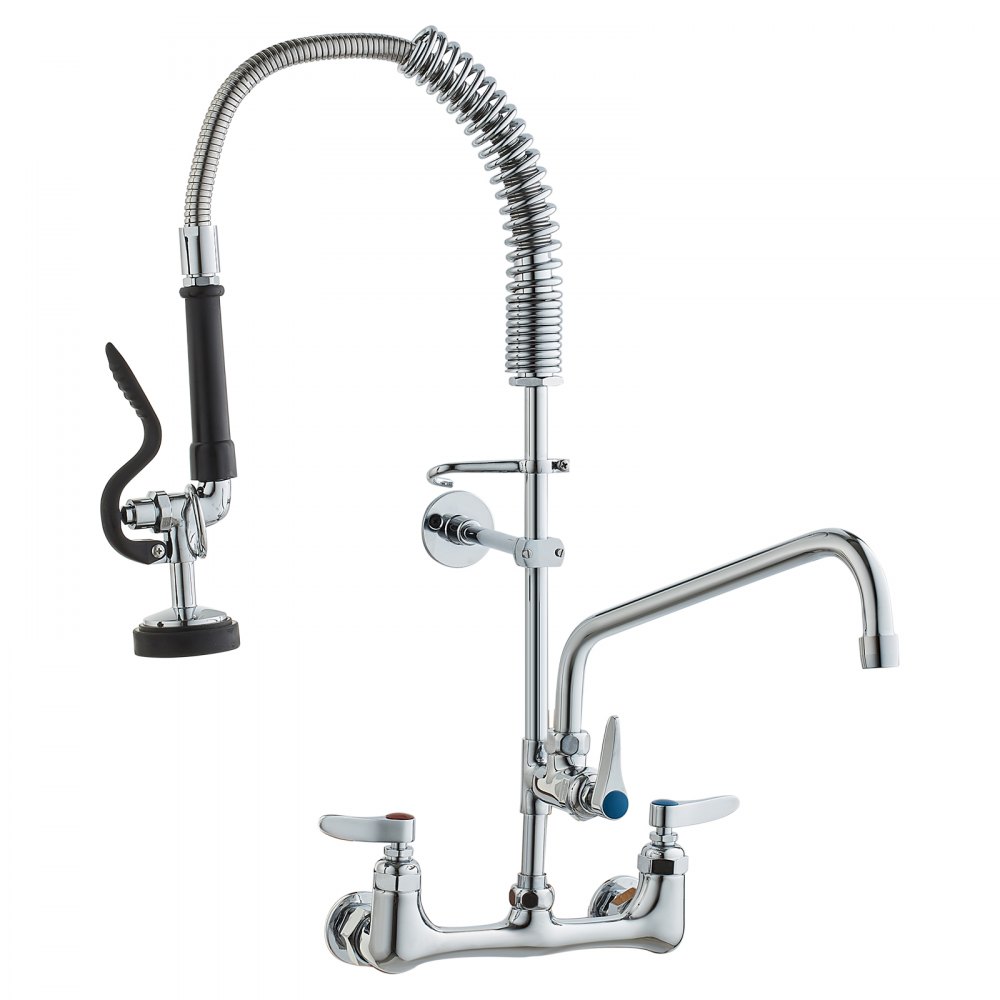 VEVOR Commercial Faucet with Pre-Rinse Sprayer, 25" (63.5 cm) Height, 8" (20.3 cm) Center, 12" (30.5 cm) Swing Spout, Wall Mount Kitchen Sink Faucet, Brass Constructed Device with Pull Down Spray, for 1/2/3 Compartment Sink