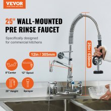 VEVOR Commercial Faucet with Pre-Rinse Sprayer, 25" Height, 8" Center, 12" Swing Spout, Wall Mount Kitchen Sink Faucet, Brass Constructed Device with Pull Down Spray, for 1/2/3 Compartment Sink