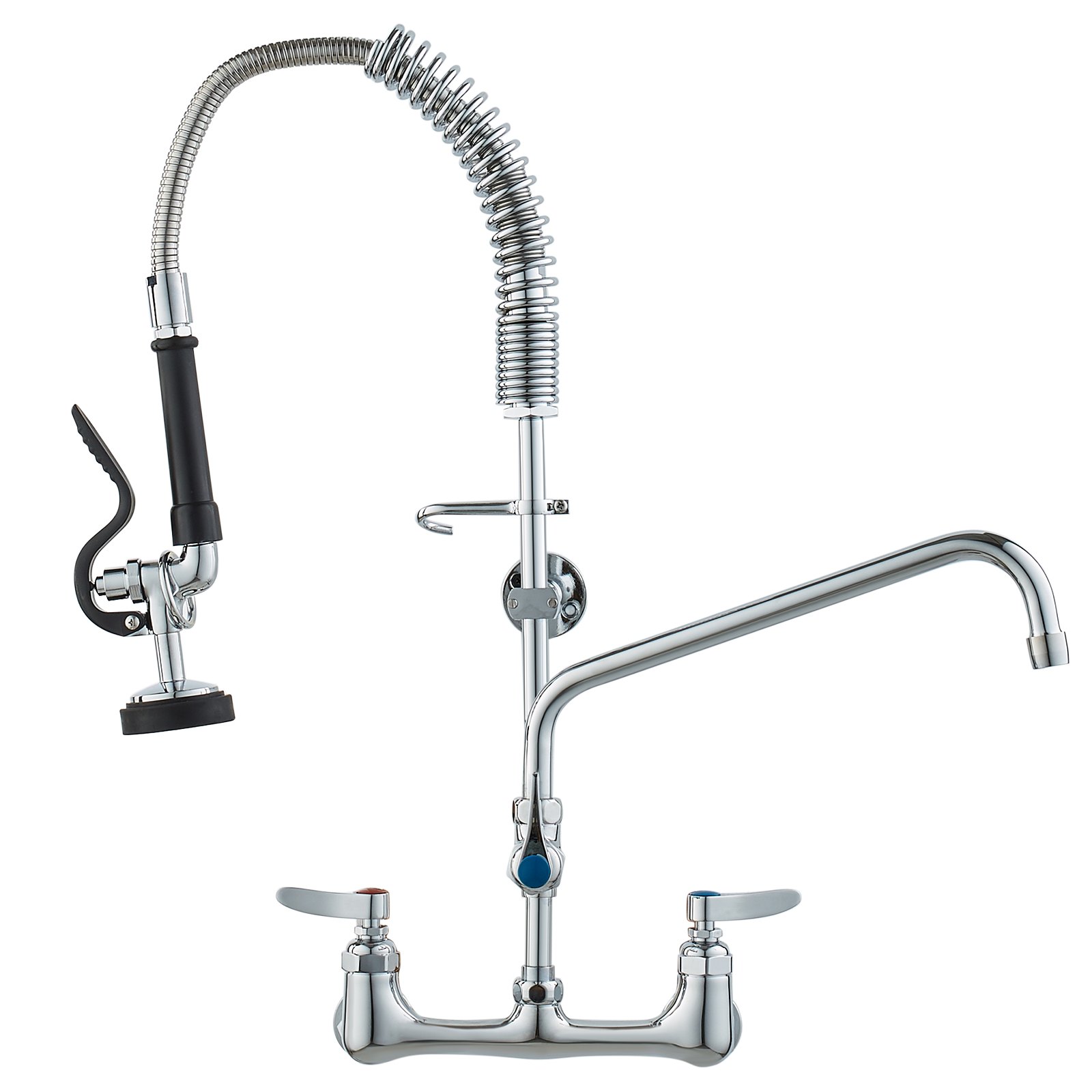 VEVOR Commercial Faucet with Pre-Rinse Sprayer, 25" (63.5 cm) Height, 8" (20.3 cm) Center, 12" (30.5 cm) Swing Spout, Wall Mount Kitchen Sink Faucet, Brass Constructed Device with Pull Down Spray, for 1/2/3 Compartment Sink