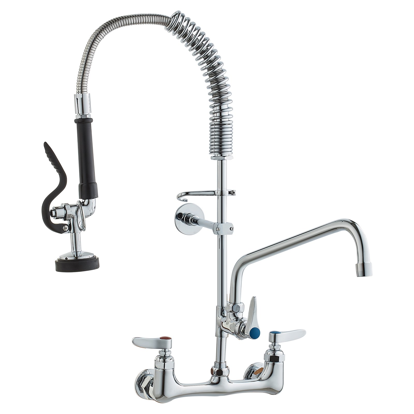 VEVOR Commercial Faucet with Pre-Rinse Sprayer, 25" (63.5 cm) Height, 8" (20.3 cm) Center, 12" (30.5 cm) Swing Spout, Wall Mount Kitchen Sink Faucet, Brass Constructed Device with Pull Down Spray, for 1/2/3 Compartment Sink