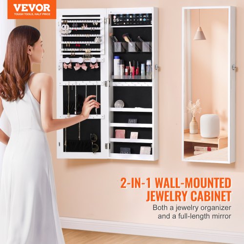 Afoxsos 47.2 In. Rustic Black Jewelry Armoire, Lockable Tall Mounted Mirror Cabinet W/ Full-Length Mirror, Drawers & Lights SNPH048IN077