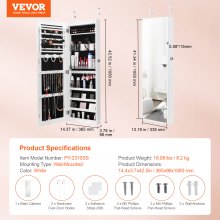 Armario para joyas con espejo VEVOR de 42,52 pulgadas con cerradura para montaje en pared o puerta, color blanco