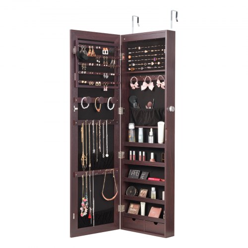 Necklace Holder VEVOR Mirror Jewelry Cabinet, 42.52-Inch Tall Lockable Cabinet Armoire Full Length Mirror Wall Door Mounted Organizer Led Interior Lights Velvet Linin Mirror Full Length