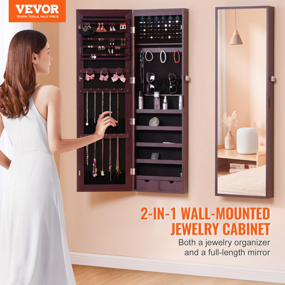 VEVOR Mirror Jewelry Cabinet, 47.05-Inch Tall Lockable Jewelry Cabinet Armoire with Full-Length Mirror, Wall or Door Mounted Jewelry Mirror Organizer with LED Interior Lights and Velvet Lining, Brown