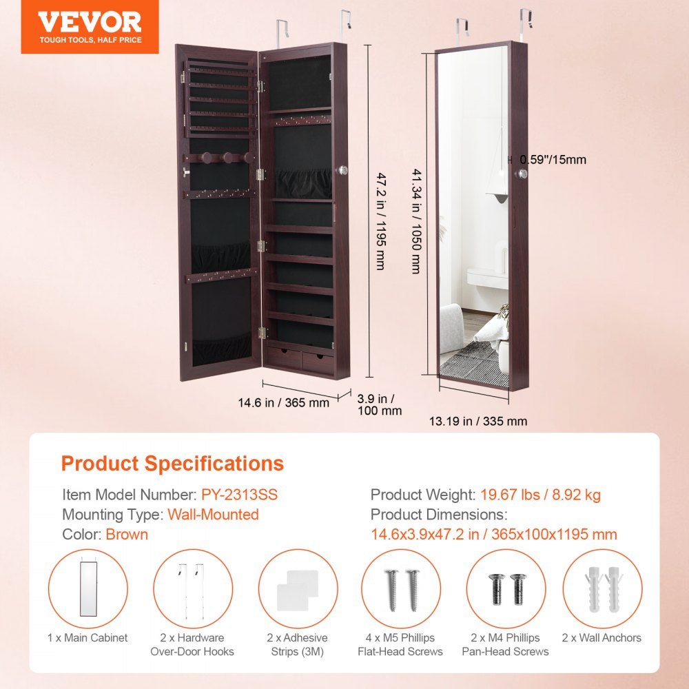 VEVOR Mirror Jewelry Cabinet, 47.05-Inch Tall Lockable Jewelry Cabinet Armoire with Full-Length Mirror, Wall or Door Mounted Jewelry Mirror Organizer with LED Interior Lights and Velvet Lining, Brown