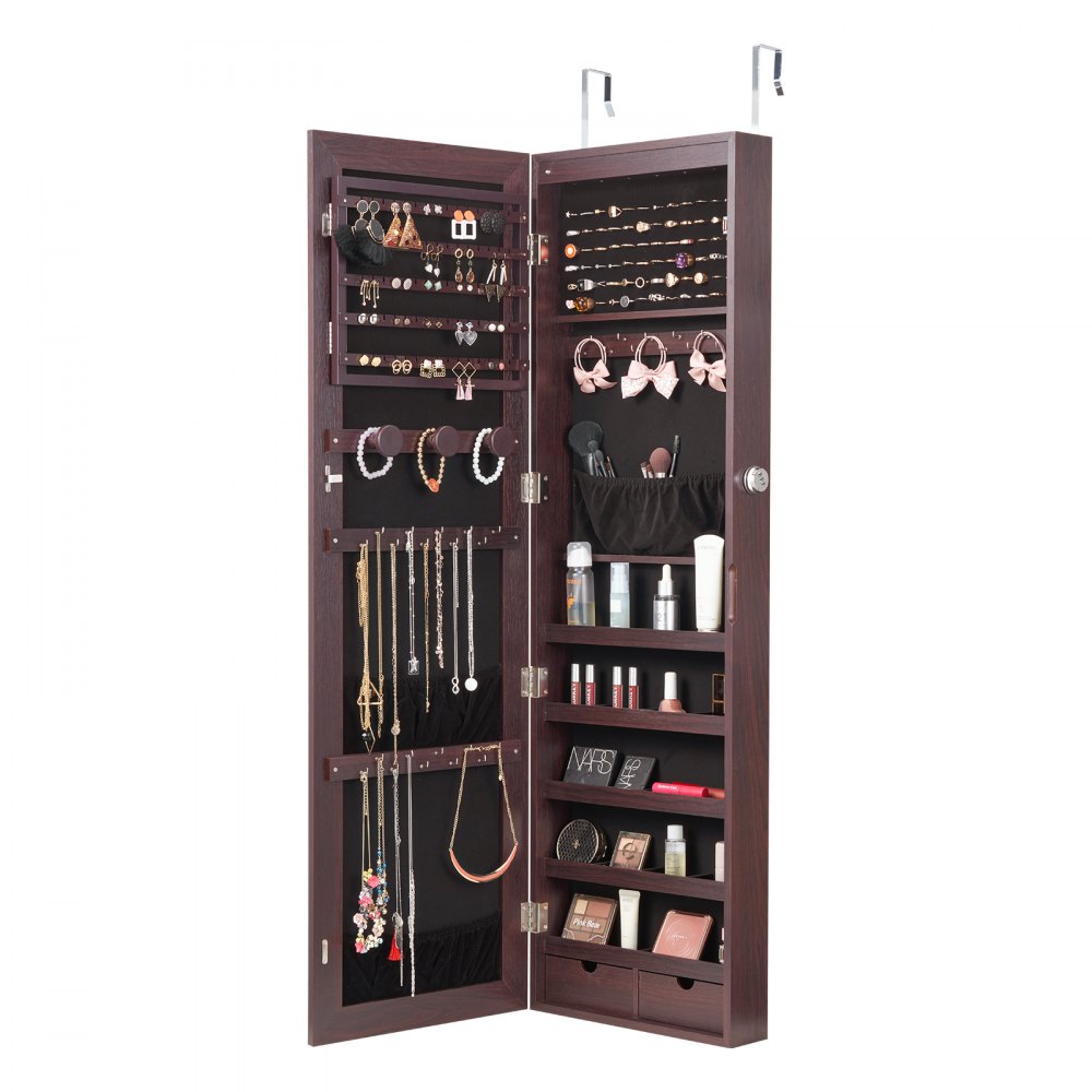 VEVOR Mirror Jewelry Cabinet, 47.05-Inch Tall Lockable Jewelry Cabinet Armoire with Full-Length Mirror, Wall or Door Mounted Jewelry Mirror Organizer with LED Interior Lights and Velvet Lining, Brown