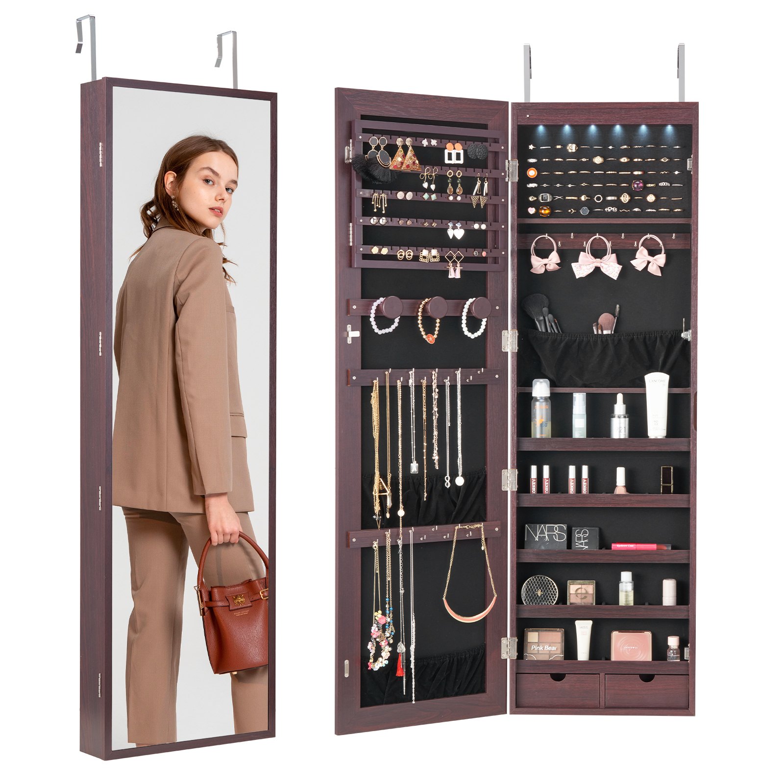 VEVOR Mirror Jewelry Cabinet, 47.05-Inch Tall Lockable Jewelry Cabinet Armoire with Full-Length Mirror, Wall or Door Mounted Jewelry Mirror Organizer with LED Interior Lights and Velvet Lining, Brown