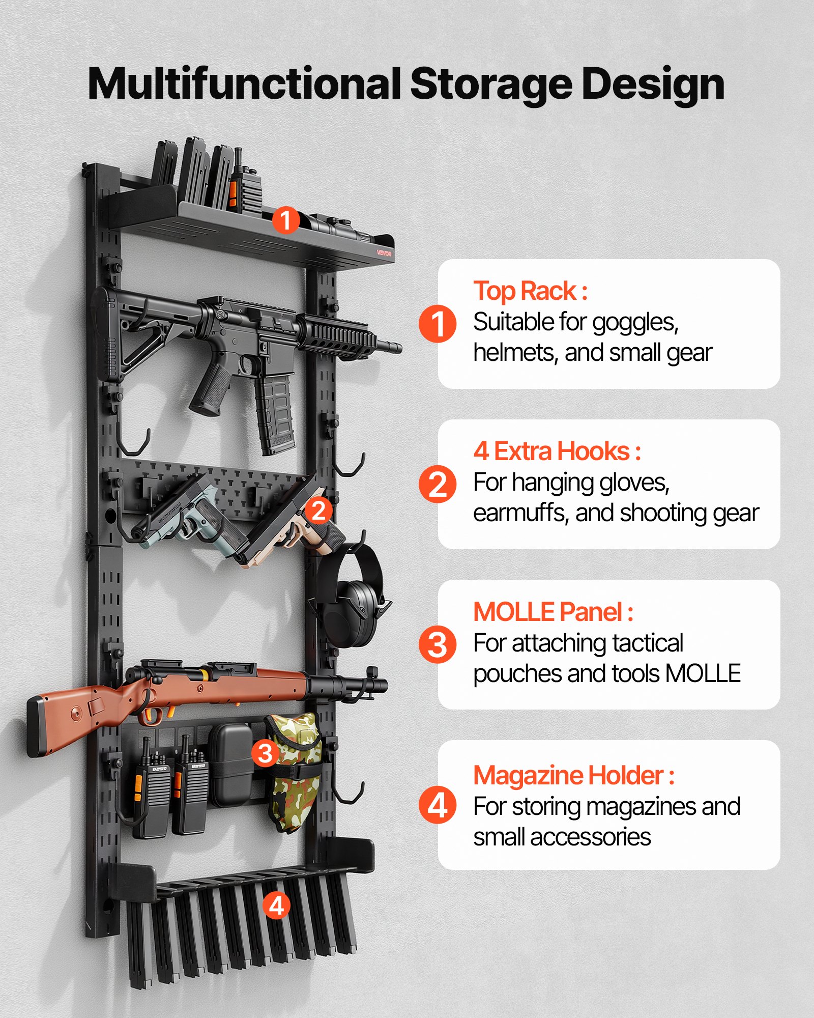 VEVOR Gun Rack Wall Mount, Heavy Duty Steel, Indoor Rifle Shotgun Rack with Magazine Holder, MOLLE Panel, Gun Accessories Display Storage Holder, Hold Up to 5 Rifles or Shotguns, for Tactical Gear
