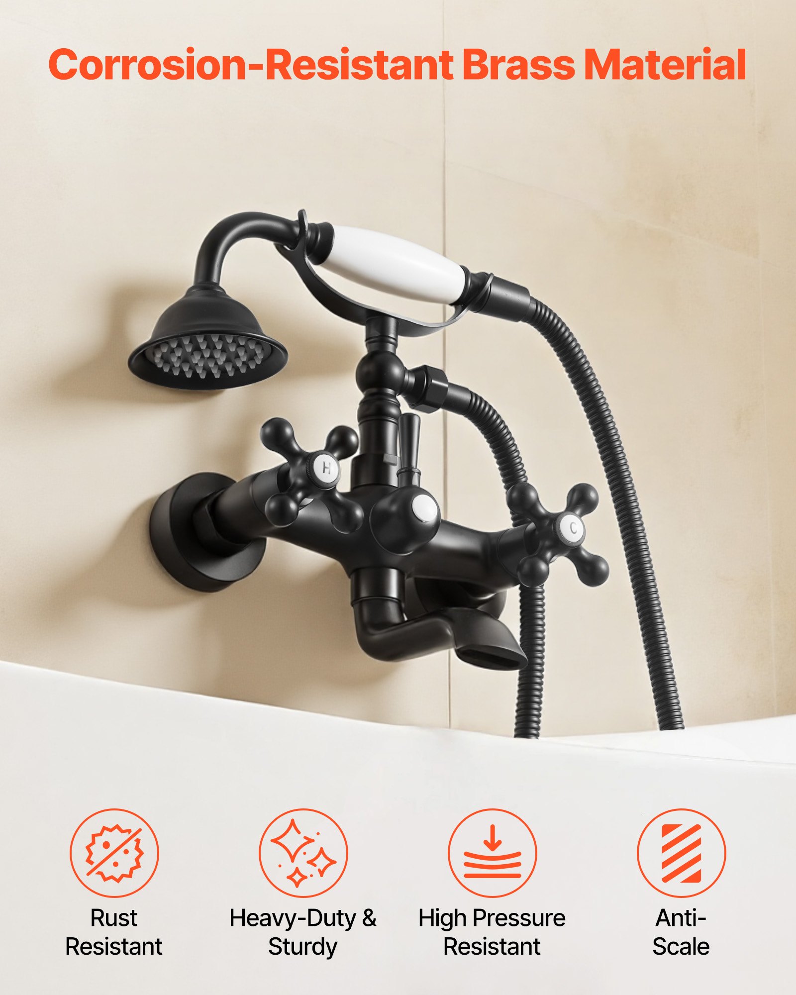 VEVOR Clawfoot Tub Faucet, Wall Mount Bathtub Faucets with Handheld Shower, Vintage Matte Black Clawfoot Tub Filler Faucet Shower Kit with Adjustable Swing Arms & 360° Rotation Spout for Bathtubs