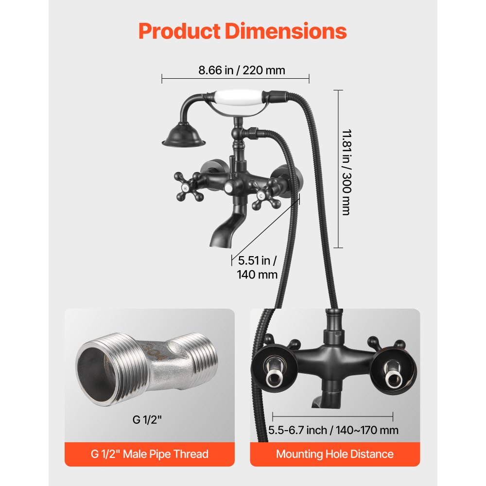 VEVOR Clawfoot Tub Faucet, Wall Mount Bathtub Faucets with Handheld Shower, Vintage Oil-Rubbed Bronze Clawfoot Tub Filler Faucet Shower Kit with Adjustable Swing Arms & 360° Rotation Spout for Bathtubs